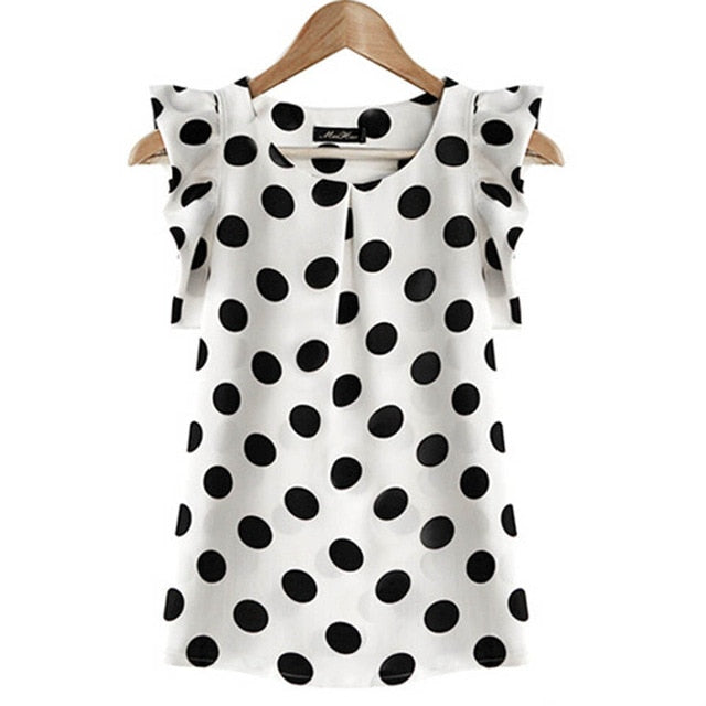 Fashion  Girl Dots Blouse Women Casual Chiffon Shirt Sleeveless Ruffle Sleeve Shirt Summer Tops Black White