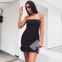 Load image into Gallery viewer, RLMABABAY Strapless Feather Patchwork Sexy Dress Spaghetti Strap Sleeveless Backless Bodycon Mini Dress 2019 Summer Party Dress