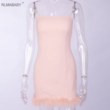 Load image into Gallery viewer, RLMABABAY Strapless Feather Patchwork Sexy Dress Spaghetti Strap Sleeveless Backless Bodycon Mini Dress 2019 Summer Party Dress