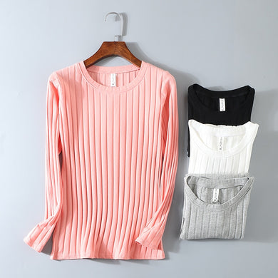 Striped Elastic T Shirt Women 2019 Spring Top Casual O Neck Long Sleeve Shirt Cotton T-Shirts Tops Knitted Blusas Plus Size D108