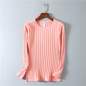 Striped Elastic T Shirt Women 2019 Spring Top Casual O Neck Long Sleeve Shirt Cotton T-Shirts Tops Knitted Blusas Plus Size D108