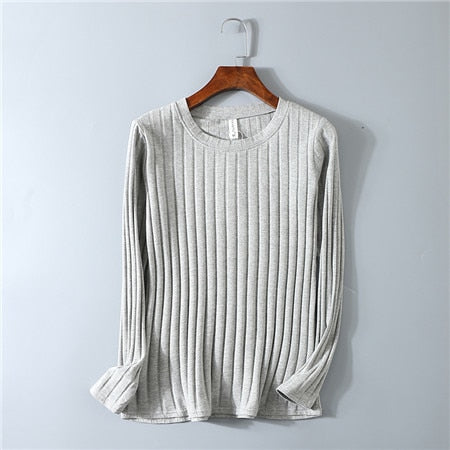 Striped Elastic T Shirt Women 2019 Spring Top Casual O Neck Long Sleeve Shirt Cotton T-Shirts Tops Knitted Blusas Plus Size D108