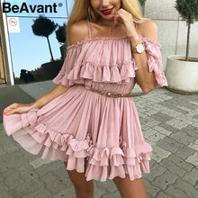 Load image into Gallery viewer, BeAvant Off shoulder strap chiffon summer dresses Women ruffle pleated short dress pink Elegant holiday loose beach mini dress