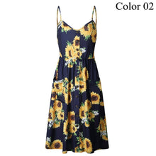 Load image into Gallery viewer, 2019 Summer Women Button Decorated Print Dress Off-shoulder Party Beach Sundress Boho Spaghetti Long Dresses Plus Size FICUSRONG