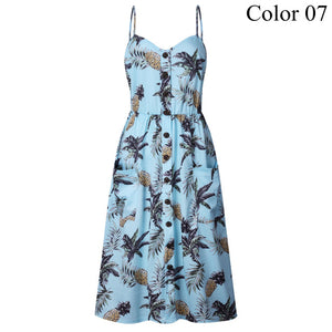 2019 Summer Women Button Decorated Print Dress Off-shoulder Party Beach Sundress Boho Spaghetti Long Dresses Plus Size FICUSRONG