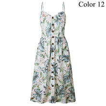 Load image into Gallery viewer, 2019 Summer Women Button Decorated Print Dress Off-shoulder Party Beach Sundress Boho Spaghetti Long Dresses Plus Size FICUSRONG