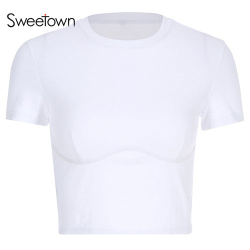 Sweetown White Slim Sexy Cropped T Shirt Streetwear Women Short Sleeve Crewneck Tshirt Basic Vogue Crop Top T-Shirt Womens Tops