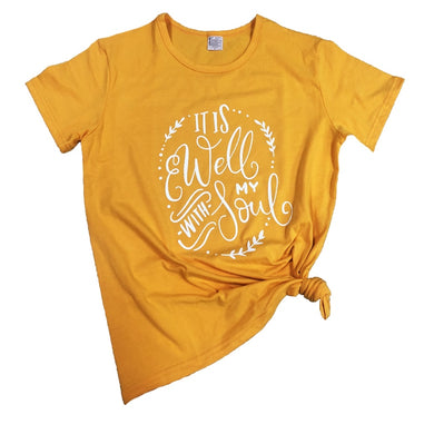 It is well with my soul T-Shirt Stylish Belief Coll Top Fashion Clothing Summer Christian Slogan Gift Harajuku Yellow Tee