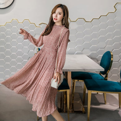 Elegant Stand Collar Floral Print Women Dress Full Sleeve Elastic Slim Waist Chiffon Spring A-line Long Dress 2019
