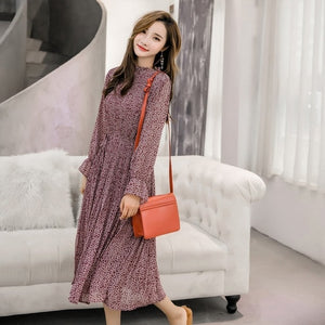 Elegant Stand Collar Floral Print Women Dress Full Sleeve Elastic Slim Waist Chiffon Spring A-line Long Dress 2019