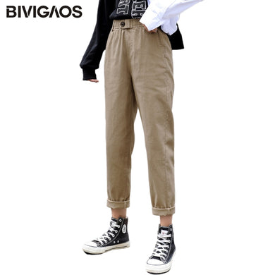 BIVIGAOS 2019 New Spring Women Clothing Straight Overalls Casual Harem Pants Korean Elastic Waist Triangle Buckle Cargo Pants