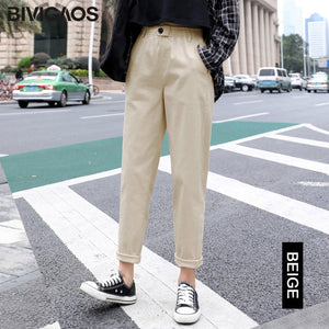 BIVIGAOS 2019 New Spring Women Clothing Straight Overalls Casual Harem Pants Korean Elastic Waist Triangle Buckle Cargo Pants