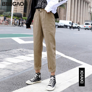 BIVIGAOS 2019 New Spring Women Clothing Straight Overalls Casual Harem Pants Korean Elastic Waist Triangle Buckle Cargo Pants