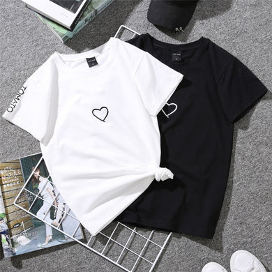 2019 Summer Couples Lovers T-Shirt for Lady Student Casual White Tops Women T Shirt Love Heart Embroidery Print Tshirt Female