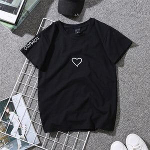 2019 Summer Couples Lovers T-Shirt for Lady Student Casual White Tops Women T Shirt Love Heart Embroidery Print Tshirt Female