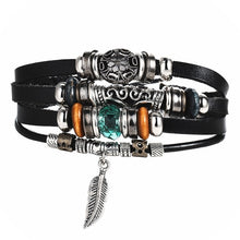 Load image into Gallery viewer, IF ME Vintage Leaf Feather Multilayer Leather Bracelet Men Fashion Braided Handmade Star Rope Wrap Bracelets &amp; Bangles Male Gift