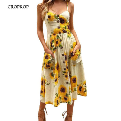 Sexy V Neck Backless Floral Summer Beach sundress dress Women 2019 White Boho Striped Button Sunflower Daisy Party Midi Dresses