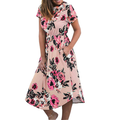 Summer Floral Prairie Chic Dress Casual Femme Flower Boho Print Dreeses Pocket Short Sleeve Midi Dress Robe Sundreses GV879-B