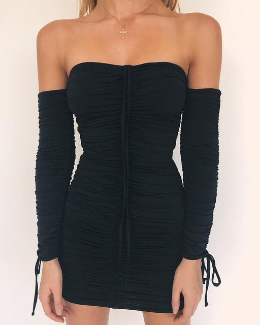 Articat Women Autumn Winter Bandage Dress Women 2018 Sexy Off Shoulder Long Sleeve Slim Elastic Bodycon Party Dresses Vestidos